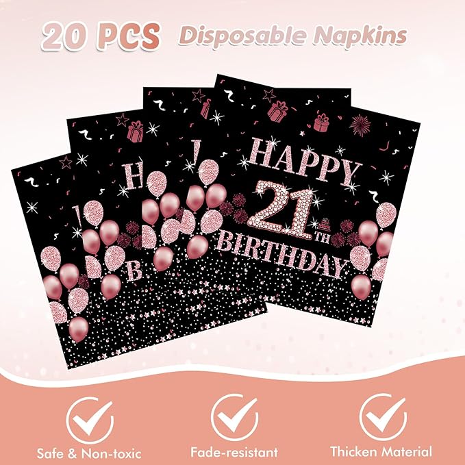 41Pcs 21st Birthday Tableware Decorations for Women Girls Rose Gold Happy 21 Birthday Party Supplies for Her Includes Tablecloth,Plates,Napkins for Sweet Girls 21st Birthday Party