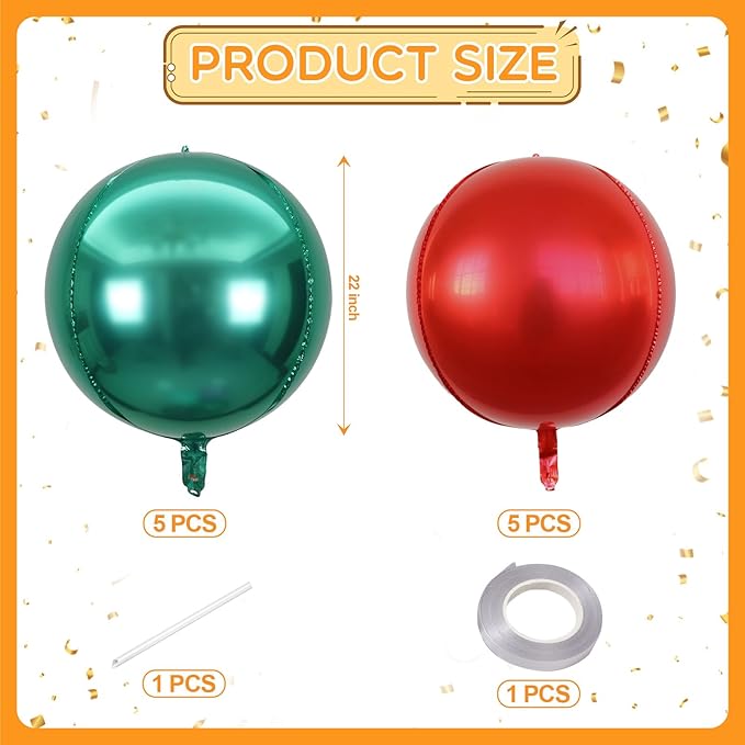 KALOR 22 Inch Red and Green Foil Balloons, 10 Pcs Large 4D Giant Round Metallic Foil Balloon for Birthday Party Baby Shower Graduation Party Decorations