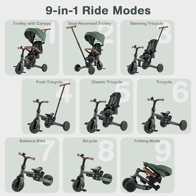 INFANS 9-in-1 Foldable Toddlers Tricycle, Converts Stroller to Balance Bike with Adjustable Push Handle, Canopy & Backrest, Pedal Conversion, Retractable Rear Wheels for 1-6 Years (Green)