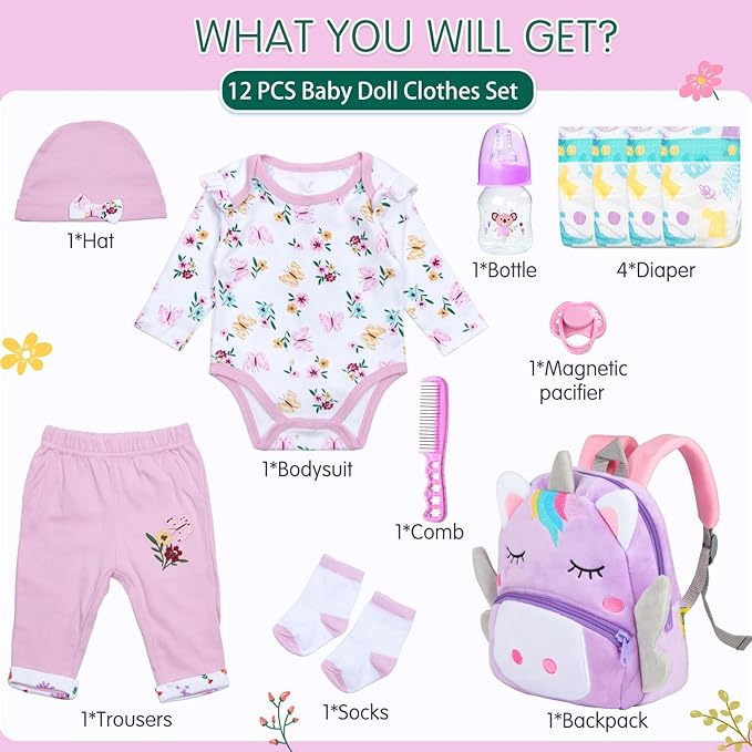 Reborn Baby Dolls Clothes Girl Purple Flower Outfit Accessories 12 Pcs for 17-22 Inches Reborn Doll Newborn Girl with Purple Unicorn Backpack