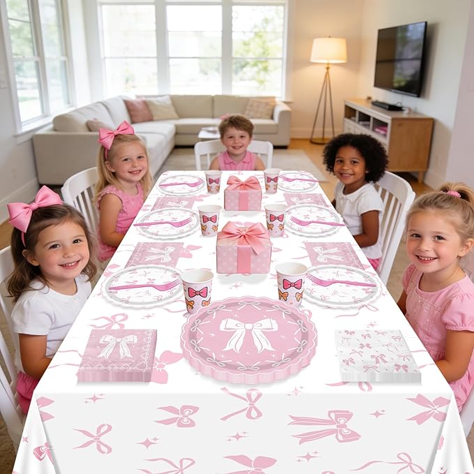 Pink Bow Party Supplies Set for 20 Guests, Including Tablecloths, Forks, Napkins and Plates for Pink Bow Birthday Decorations Coquette Birthday Party Bachelorette