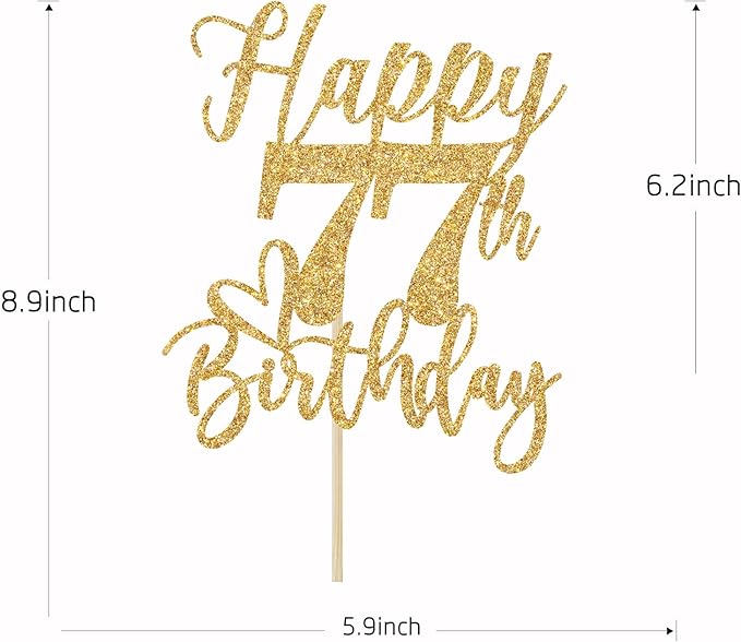 Happy 77th Birthday Cake Topper, 77th Birthday Decorations for Men/Women, Cheers to 77 Years, Hello 77, 77th Happy Birthday Party Supplies Gold Glitter