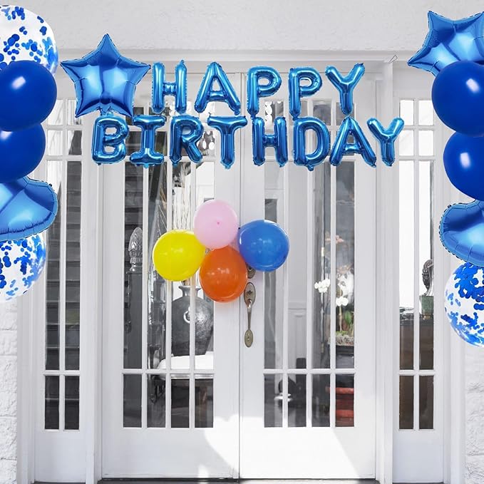 27 Pcs Dark Blue Birthday Decorations, 3D Foil Dark Blue Happy Birthday Balloon Banner, Pentagram Heart Foil Balloons Confetti Balloons Kit For Boys Girls Birthday Party Supplies