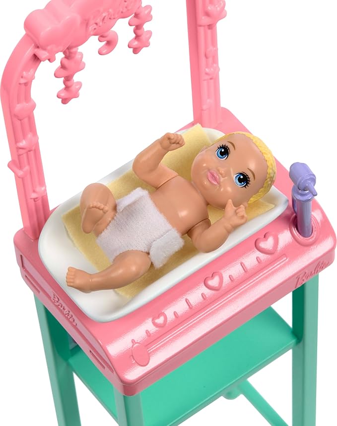 Barbie Baby Doctor Playset with Brunette Fashion Doll Wearing Pink Scrubs, Baby Doll, Furniture & Accessories