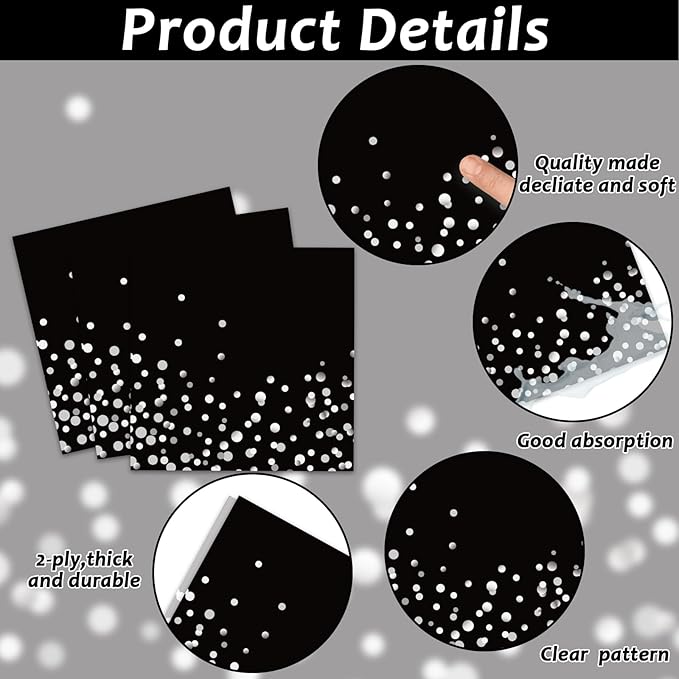 gisgfim 96 Pcs Black and Silver Party Supplies Paper Plates Napkins Silver Dot on Black Party Birthday Tableware Kit Black and White Birthday Decorations Favors Serves 24, MM1220