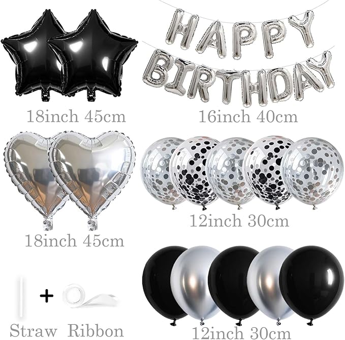 27 Pcs Silver Black Birthday Decorations, 3D Letters Silver Happy Birthday Balloon Banner, Pentagram Heart Foil Balloons Confetti Balloons Kit For Boys Girls Party Supplies