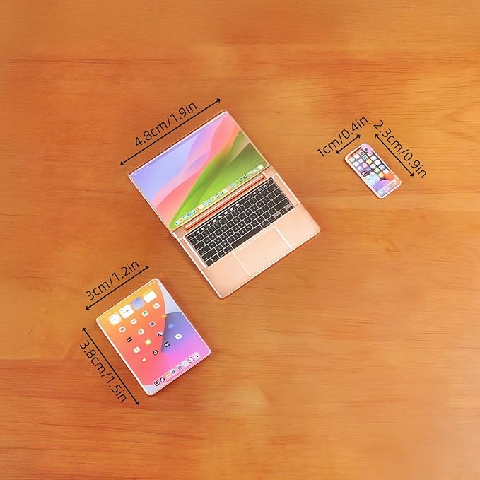 Dollhouse Decoration Miniature Accessories Dollhouse Worlds Smallest Computer Laptop Tablet Phone Simulation Accessories for Doll 1:6 1:12 Miniatures Play Set (Rose Golden)