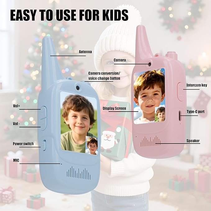 Video Walkie Talkies for Kids 2 Pack, Rechargeable Handheld Kids Walkie Talkies Fun Toys with Camera and Video Screen Display for Child Age 3-12 Family Games, Indoor, Outside, Camping, Hiking