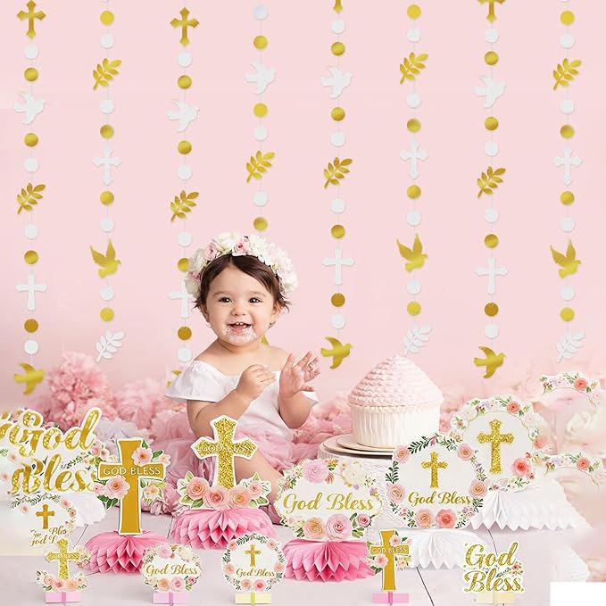Frienda 8 Pcs Baptism Cross and Dove Garland Banner Christening God Bless Hanging Banners Decoration First Holy Communion Baby Shower Garlands Gold and White Christain Wedding Birthday Party Supplies
