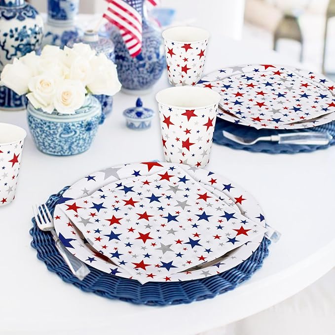 Whaline 96Pcs Patriotic Party Tableware Set with Paper Plates Napkins Cups Red Blue Silver Stars Independence Day Disposable Dinnerware Set for 4th of July Veterans Day Memorial Day Party Table Decor