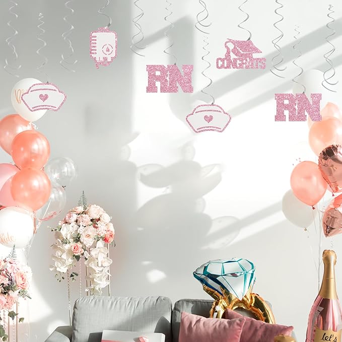 Nurse RN Graduation Hanging Swirl Decorations - Glitter 13 Pcs Nursing School Party Supplies - Medical Staff Streamers - Medical Nursing School Graduation Foil Swirls Ceiling Decorations Pink