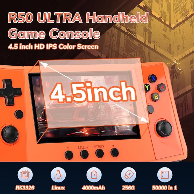 RegiisJoy R50 Ultra 50000 in 1 Handheld Game Console, 4.5 Inch IPS Screen Retro Gaming Consoles Main Emulators, Portable Mini Pocket Arcade 4000mAh Battery,256G TF Card,Linux System