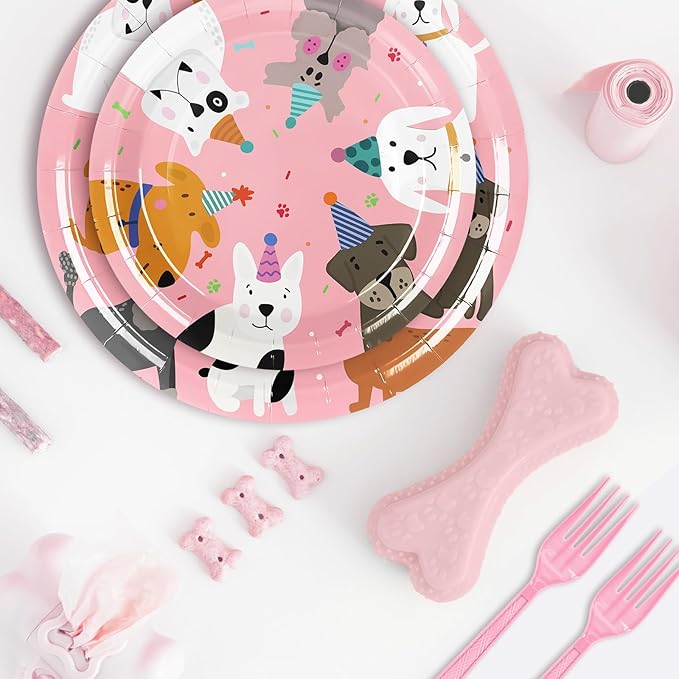 JarThenaAMCS 96Pcs Dog Birthday Party Supplies Disposable Dog Themed Tableware Include 24 Dinner Plates 24 Dessert Plates 24 Paper Napkins 24 Forks Pink Cartoon Dog Birthday Party Decor for 24 Guests
