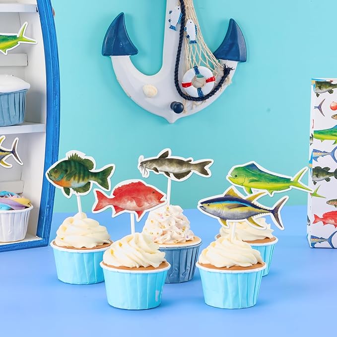 WERNNSAI 36PCS Fishing Cupcake Toppers - Fishing Birthday Party Cake Decorations for Kids Boys Gone Fish Cake Toppers Fishing Baby Shower Party Supplies Summer Outdoor Fishing Party Favors Cake Decor