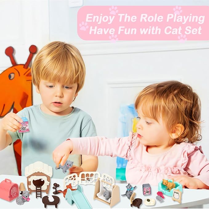SweetAce 43Pcs Cat Toys for Kids Pretend Play Cat Figures Playset Toddler Toy Interactive Kitten Role Play Set Realistic Cats Care Center for Girls Boys Age 3 4 5 6+ Birthday Gift