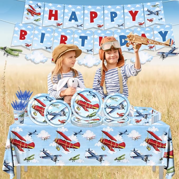 142pcs Airplane Birthday Party Decorations Airplane Party Tableware Supplies Airplane Blue Sky White Disposable Plates,Tablecloth,Napkins,Cups,Banner Forks and Knives For Kids Favors Serve 20 Guests
