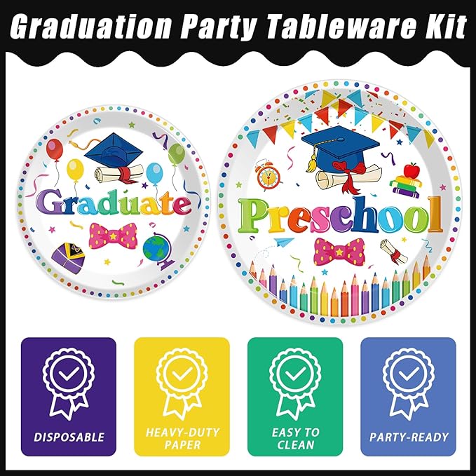 96pcs Preschool Graduation Party Plates and Napkins Set, Pre-K Grad Party Supplies Decorations Preschool Kindergarten Graduation Disposable Paper Plates for Boys Girls, Serves 24 (White)