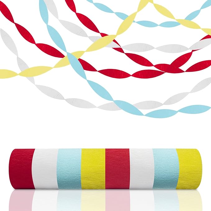 AOYOO Crepe Paper Streamers with Tassels, 8 Rolls (Red, Blue, Yellow) - Party Decorations for Birthdays, Baby Showers, Class Parties, Family Gatherings