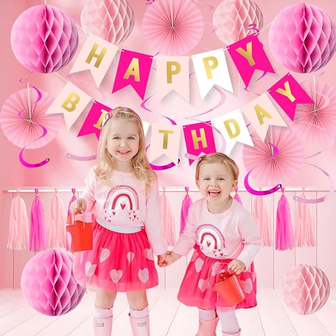 Pink Birthday Decorations Set for Women Girls Happy Birthday Banner Honeycomb Balls Paper Fans Hanging Swirl Streamers Tassels Complete Pink Birthday Party Decor Supplies
