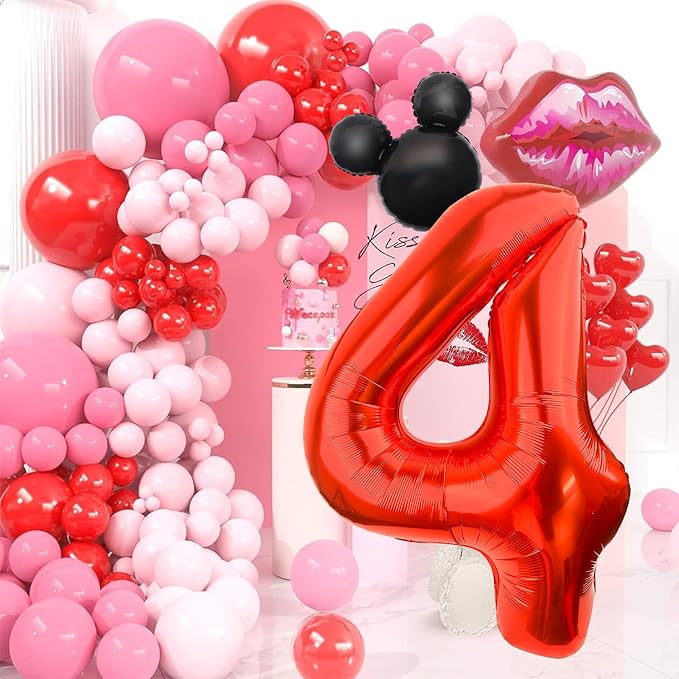 Mouse Number 4 Balloon 40 Inch Red Number 4 Balloon Mini Mouse Head Balloon for 4th Birthday Party, Black Red Large Number 4 Foil Balloon for Baby Shower Anniversary Supplies Decorations