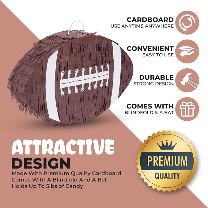 Football Pinata Bundle with a Blindfold and a Bat (16 x 10 x 4 Inches), Football Pinata for Boys, Perfect for Birthday Party, Sport Theme Party, Decoration