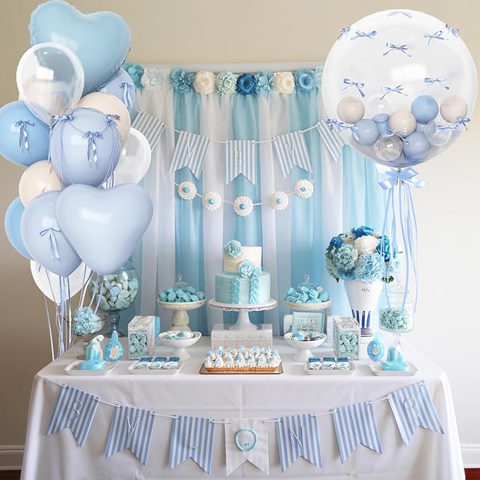 Baby Light Blue Cream Balloons Party Decorations, 20 Inch Bobo Pale Pastel Blue and White Sand Balloons Heart Mylar Shape Balloon, OH Baby Shower Foil Balloon as Boys Girls Birthday Decor