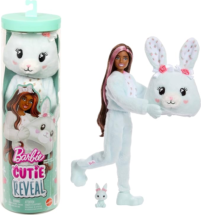 Barbie Cutie Reveal Doll & Accessories, Cuddly Series Bunny with 10 Surprises Including Color Change & Mini Pet