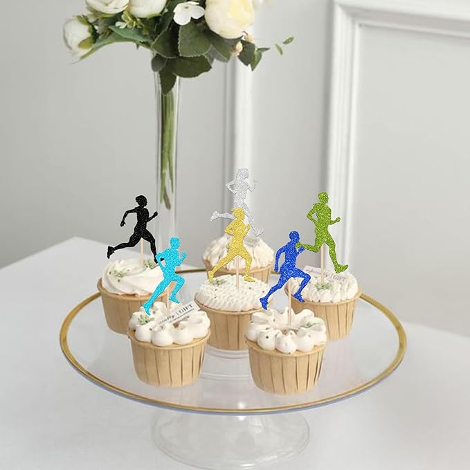 24 PCS Running Cupcake Toppers Colorful Glitter Sports Fitness Cupcake Picks for Running Theme Boys Girls Marathon Birthday Party Cake Decorations Supplies