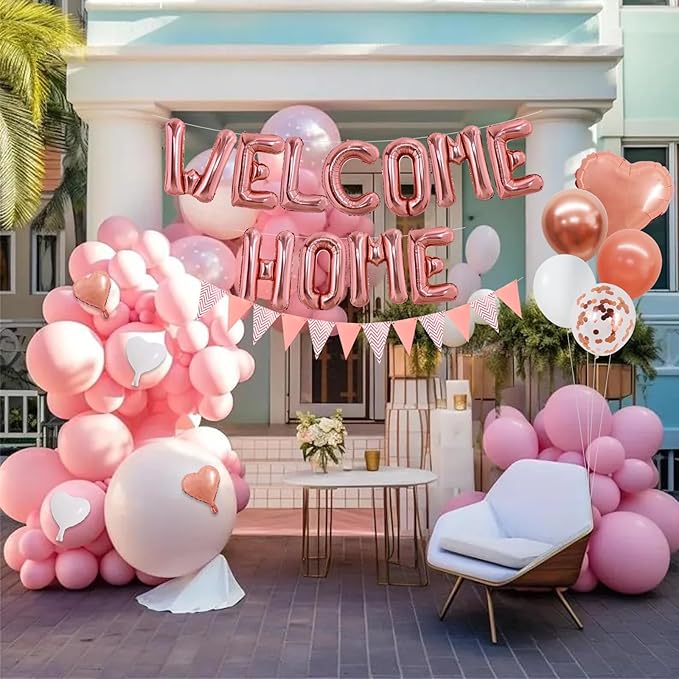 TONIFUL Welcome Home Decorations,16 Inch Rose Gold Welcome Home Foil Balloon Banner Rose Gold Confetti Balloons Pennant Flag Bunting for Homecoming Party House Warming Party Family Gathering Supplies