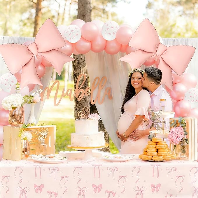 112Pcs Pink Bow Birthday Decorations Balloons Table Cloth Set for Party, 100PCS 12" Pastel Light Pink Bow Print Coquette Balloon, 4PCS 38" Giant Pink Bow Balloons, 3PCS Decor Tablecloths Girls Women