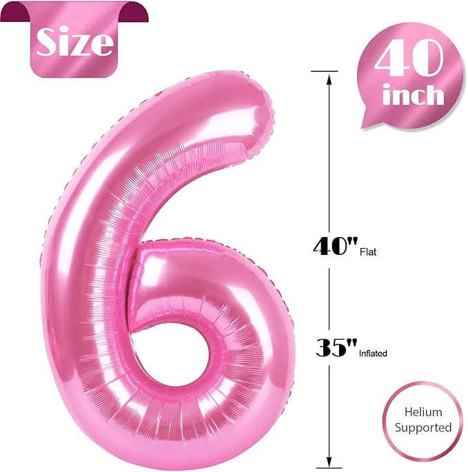 Pink 6 Balloon, Number Balloons 40 Inch, 6th Balloons for Birthday Decorations, Pink Party Supplies 6 Birthday Balloon, Number 6 Balloon