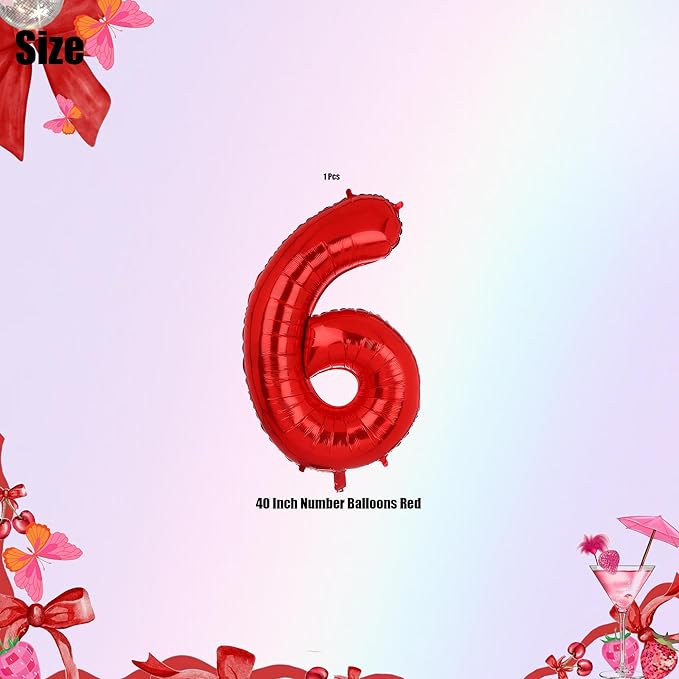 40 Inch 6 Red Number Balloons Mylar Foil Helium Digital Balloons Baby Shower 6th Birthday Party Decor Supplies