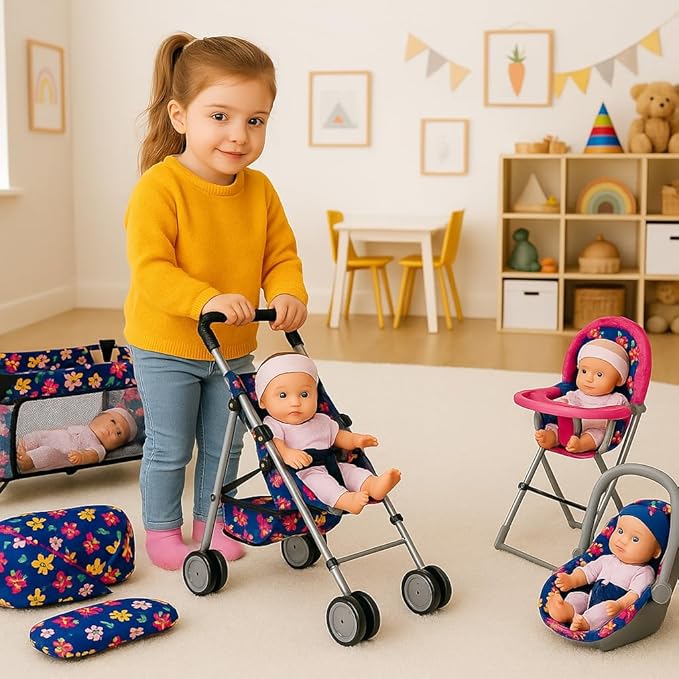 fash n kolor 4 Piece Baby Doll Play Set Flower Design Includes - Foldable Pack N Play, Baby Doll Stroller, Baby Doll High Chair, Infant Seat, Fits Up to 18'' Doll 4 Piece Doll Accessories Set