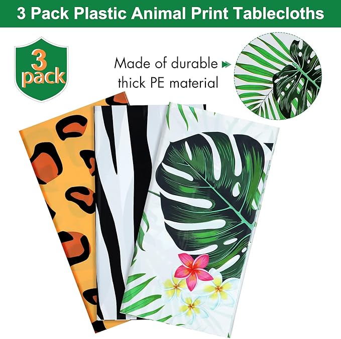 Animal Safari Tablecloth Jungle Animal Theme Tablecover Tiger Zebra Giraffe Print Table Cover Tropical Leaf Tablecloth Party Supplies for Jungle Safari Birthday Baby Showers (Greenery Style, 3 Pcs)