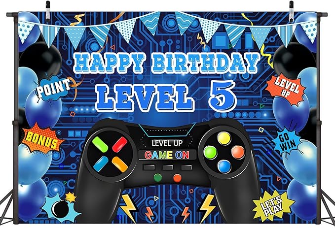 Game Theme Level 5 Birthday Backdrop Video Game Happy 5th Birthday Party Decorations Level Up Theme Boys Kids Birthday Party Supplies(7×5FT)