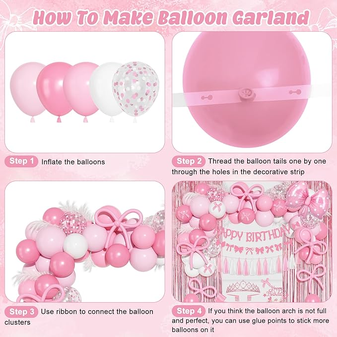 Ouddy Life Pink Bow Birthday Decorations, Coquette Themed Party Supplies with Light Pearl Pink White Confetti Long Balloons Happy Birthday Banner Paper Tassel Cake Toppers for Women Girls Baby Shower