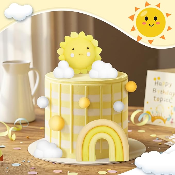 23 Pcs Sun Cake Toppers Soft Pottery with Sun Flower Smile Face Clouds Rainbow and Balls Cake Decorations for Sunshine Birthday Wedding Party Supplies