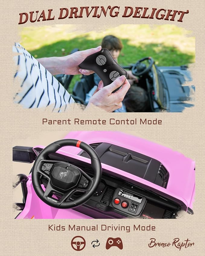 First Ride On 24V Ride on Toys for Big Kids, Licensed Ford Bronco Raptor 2 Seater Ride on Cars with Remote Control, Ride on Truck w/ 4-Wheeler Suspension, 3 Speeds, Led Lights, Bluetooth (24V, Pink) | First Ride On, 24V, for Big Kids, 2 Seater, with Re...