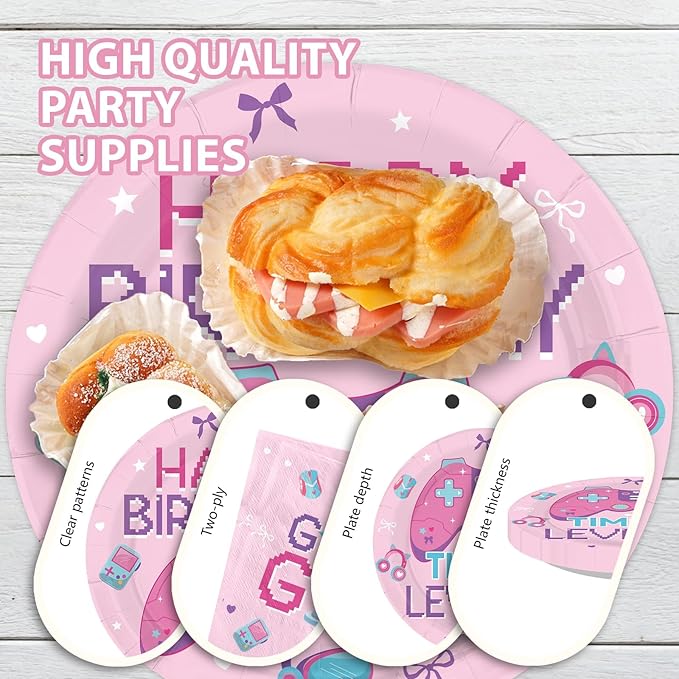 96Pcs Video Game Birthday Party Supplies Pink Game Birthday Plates and Napkins Teens Gaming On Level Up Tableware Set for Girls Kids Baby Shower Gamer Party Decorations Serves 24