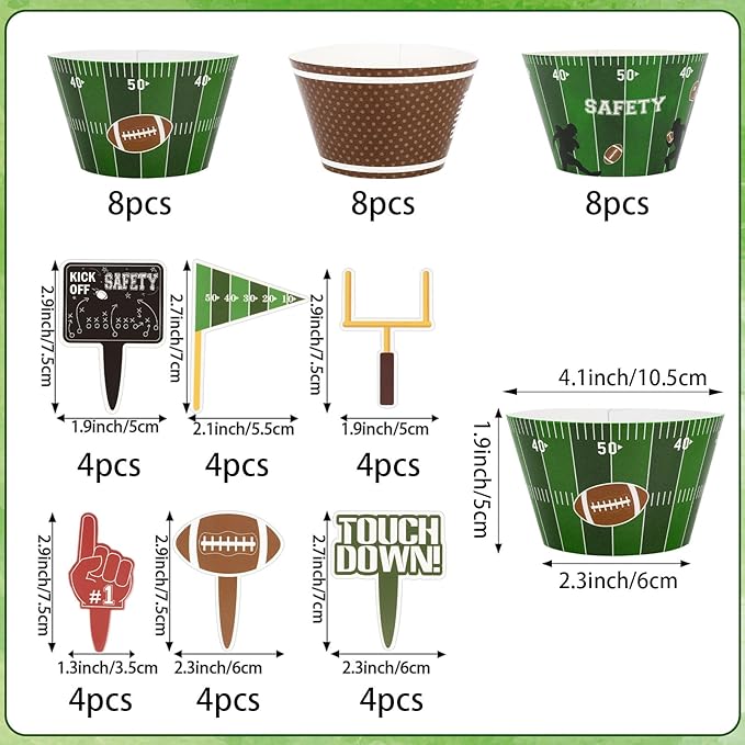 48 Pack Football Cupcake Toppers and Wrappers, Rugby Touchdown Cake Decoration for Football Theme Birthday Party Sports Game Day Party Supplies