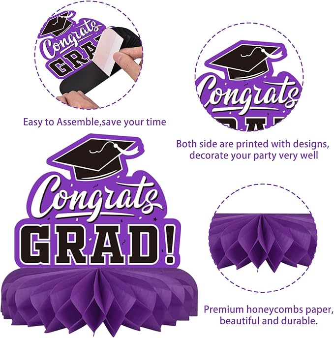 9PCS Graduation Party Decorations Class of 2026 Congrats Grad Table Centerpiece Congratulate Graduation Honeycomb Table Toppers for Graduation Party Supplies(Pueple,Black）