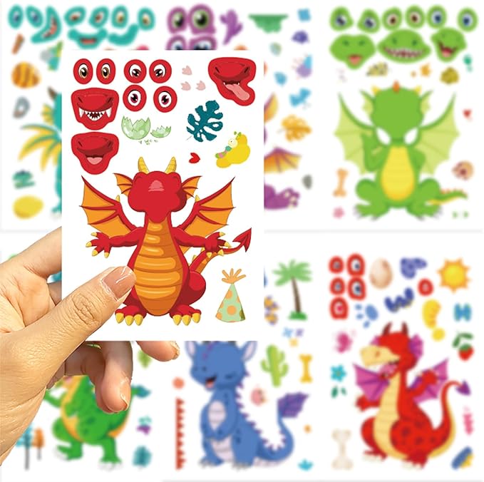 24 Sheet Dragon Stickers Make Your Own Dragon Sticker for Kids 3+, Cartoon Make-a-face Sticker Girls Boys Dragons Birthday Party Decorations,DIY Dragons Craft Birthday Party Favor Supplies