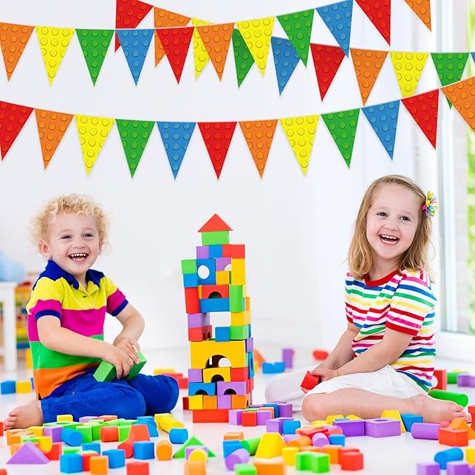 Tiamon 5 Pcs Building Block Birthday Party Decorations Colorful Blocks Bricks Triangle 49.2 Ft Flag Red Blue Yellow Pennant Banner Garland Streamer for Birthday Baby Shower Brick Themed Party Supply