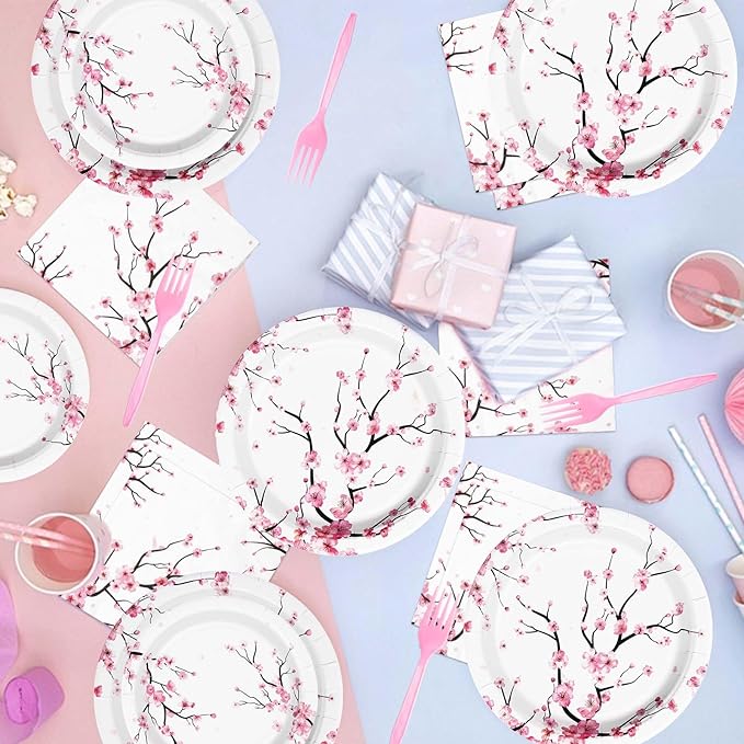 Grencian 96 PCS Cherry Blossom Party Supplies Cherry Blossom Plates and Napkins Disposable Tableware Set Cherry Blossom Birthday Decorations for Baby Bridal Shower Tea Cherry Blossom Decor Serves 24