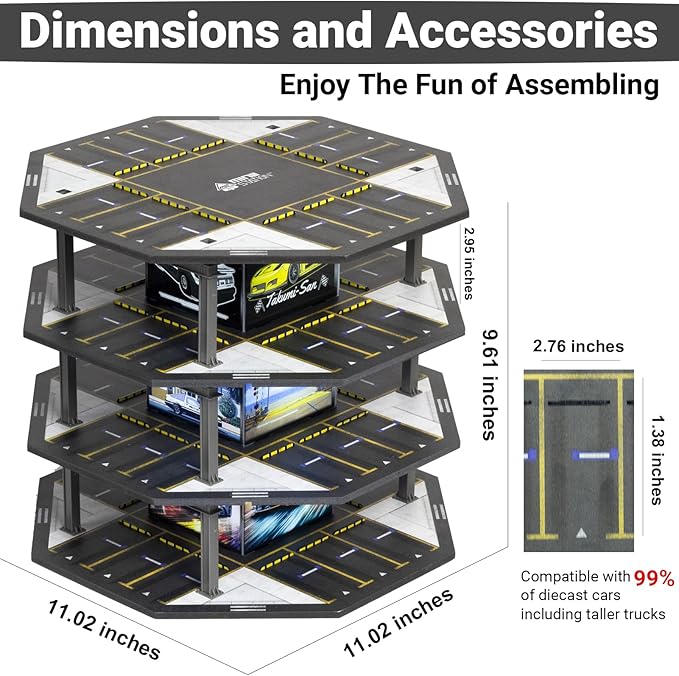 1/64 Scale Octagonal Building Style Display Case Car Garage Moldel with LED Light and Diecast Car Show Case 48 Parking 4th Floor