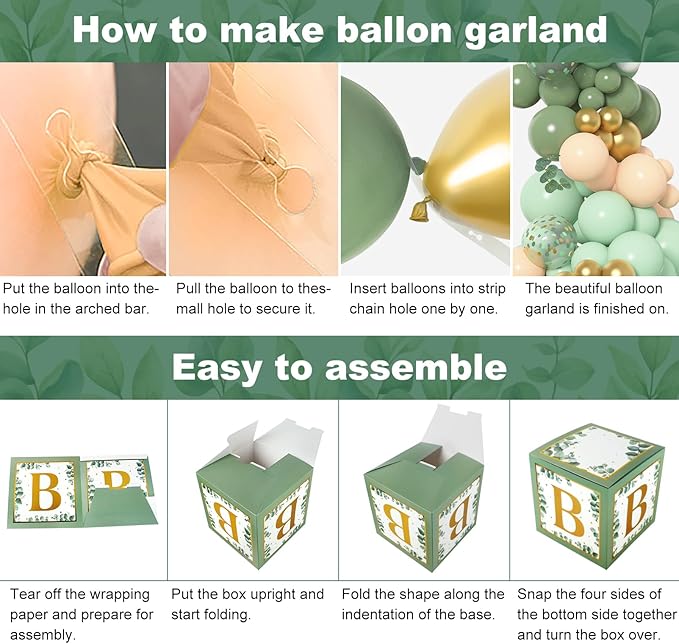 Amandir 145Pcs Baby Boxes Sage Green Baby Shower Decorations, Olive Green Balloon Garland Kit 4 Baby Blocks Gold Letter for Gender Neutral Boy Girl Safari Jungle Birthday Baptism Party Supplies