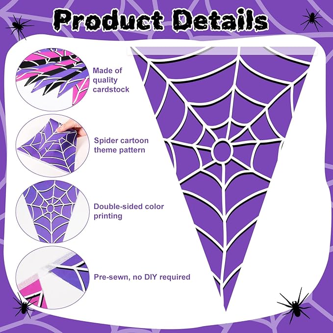 Tiamon 5 Pcs Wednesday Birthday Party Decorations Halloween Spider Web Birthday Triangle 49.2 ft Flag Black Purple Pink Pennant Banner Spider Garland Streamer for Baby Shower Party Supply