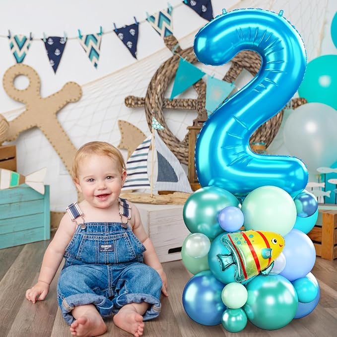 Blue Number 2 Balloon 40 Inch Ocean Under the Sea Number Two Foil Balloons Tower with Shark Bubble Fish for Boys Second 2nd Birthday Party Decor Green Underwater Digital Aluminum Balloons Stack