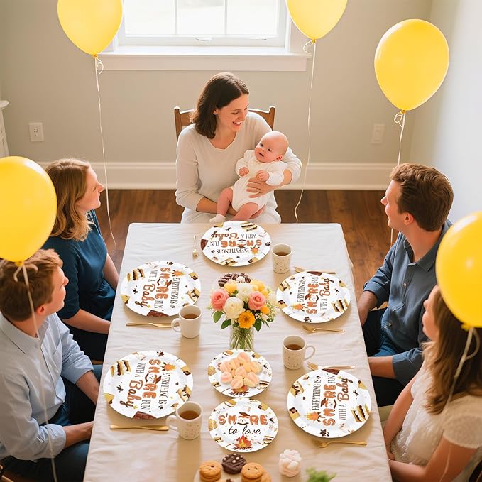 96Pcs S'mores Camping Baby Shower Decorations Everything is S’More Fun with a Baby Plates and Napkins Camping Theme Tableware Set for S’more to Love Kid Camper Campfire Bonfire Party Supplies Serves24