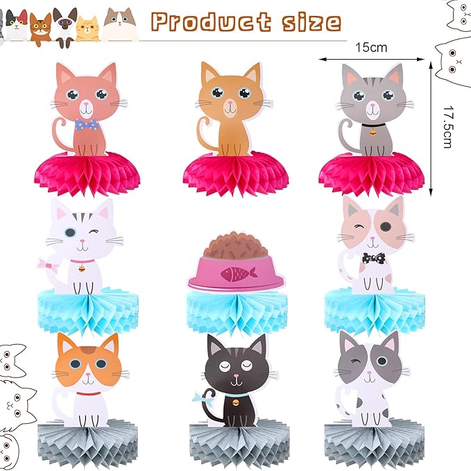 Chinco 9 Pcs Cat Party Centerpieces for Tables Birthday Decorations Honeycomb Cat Party Supplies Table Topper Decoration for Bridal Shower Wedding Birthday